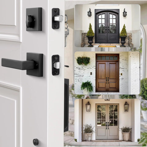 Matte Black Double Door Handle Set With Keyed Deadbolt And Dummy Lever for double doors shown on various entrance styles