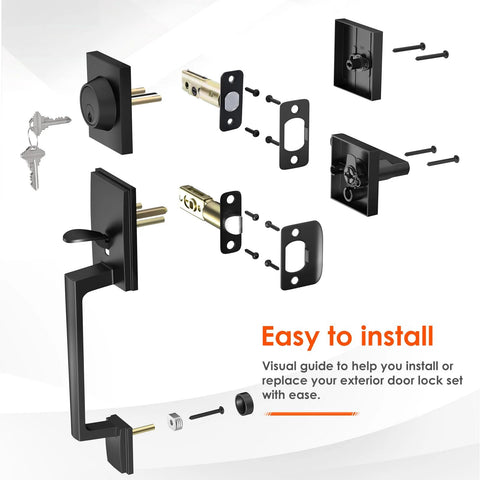 Matte Black Double Door Handle Set With Keyed Deadbolt And Dummy Lever exploded view with installation guide and keys