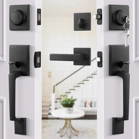 Matte Black Double Door Handle Set With Keyed Deadbolt And Dummy Lever For Double Doors Heavy Duty Front Door Hardware