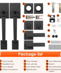 Package list for Matte Black Double Door Handle Set With Keyed Deadbolt And Dummy Lever For Double Doors showing components.