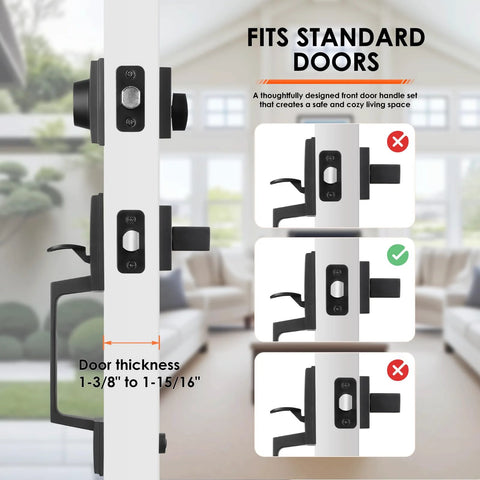 Matte Black Double Door Handle Set With Keyed Deadbolt And Dummy Lever For Double Doors showing installation on standard doors
