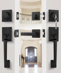 Matte Black Double Front Door Lock Set With Reversible Lever Handle And Dummy Exterior for modern entry doors installation.