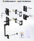 Matte Black Double Front Door Lock Set With Reversible Lever Handle And Dummy Exterior installation parts overview