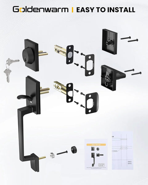 Matte Black Double Front Door Lock Set With Reversible Lever Handle And Dummy Exterior installation parts overview