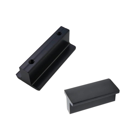 Close-up view of matte black drawer pulls, T-shaped cabinet knobs made from aluminum alloy, part of the 10 pack set for furniture and dressers.
