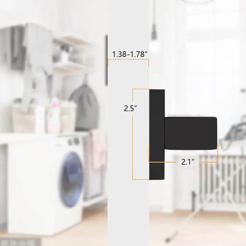 Dimensions of 4 Pack Matte Black Dummy Door Handles for Interior Doors, non-turning zinc alloy, ideal for closets, shown in a modern room.