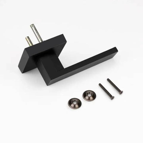 4 Pack Matte Black Dummy Door Handles for Interior Doors, non-turning zinc alloy lever with installation screws on white background