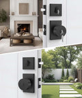 Matte Black Exterior Door Lock Set with Square Contemporary Knob and Deadbolt shown on front door, heavy-duty modern hardware