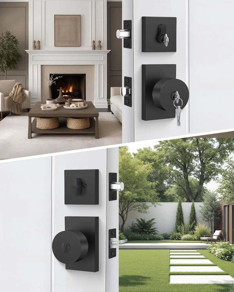 Matte Black Exterior Door Lock Set with Square Contemporary Knob and Deadbolt shown on front door, heavy-duty modern hardware