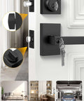 Matte Black Exterior Front Door Lock Set With Deadbolt Square Contemporary Design shown on a white door, keys inserted.