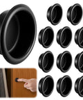 12 Pack Finger Pulls For Cabinets And Doors In Matte Black, 3/4 Round Pocket Door Handles, shown installed on wooden door