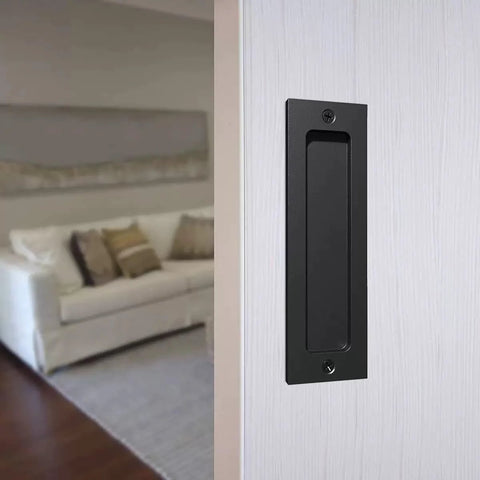 Flush Sliding Barn Door Handle Heavy Duty Finger Pull With Rectangular Plate Matte Black Finish Ideal For Sliding Barn Doors Cabinets Closets And Drawers No Sharp Edges Smooth Operation Durable Rust Resistant Construction One Piece Eight Point Six Six installed on a white door
