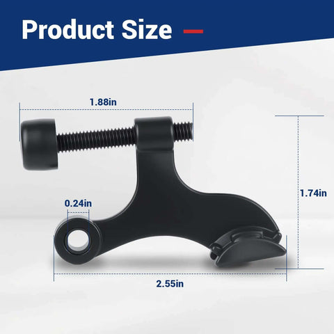 Size dimensions of Matte Black Hinge Pin Door Stopper Set 12 Pack Heavy Duty Adjustable Door Stops with cushioned bumper tips.