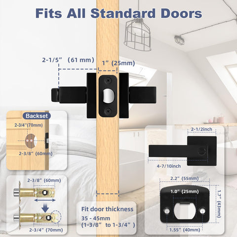 Diagram showing 5 Pack Matte Black Interior Door Handles For Bedrooms And Bathrooms With Keyless Privacy Lock installation.