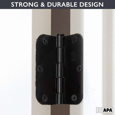 Close-up of matte black interior door hinge installed, featuring 18 Pack Matte Black Interior Door Hinges 3 1/2 By 3 1/2 Inches With 5/8 Radius Corners For Doors, Closets, And Bathrooms — Sturdy, Smooth-Swing Hinges For Home, Cabinets, Wardrobe Projects.