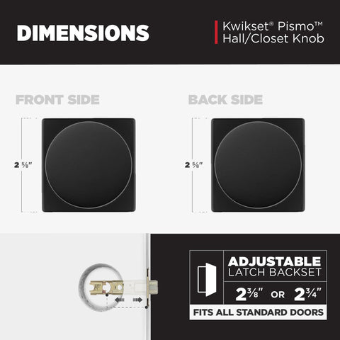 Non Locking Matte Black Interior Passage Door Knob With Microban Protection For Closet And Hallway Doors displayed front and back dimensions