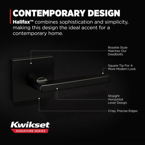 Non-locking interior passage lever provides secure, convenient access for closets and hallways, reversible for left or right doors, matte black finish with Microban protection, highlighting contemporary design features.
