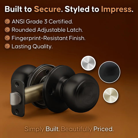 Matte Black interior passage door knob with ANSI Grade-3 certification, all-metal chassis, reversible for 1-3/4 inch doors, easy to install and includes latch.
