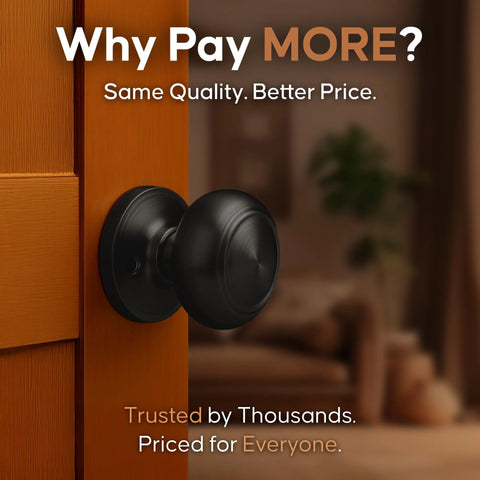 Matte Black interior passage door knob with ANSI Grade-3 certification, installed on a wooden door, ideal for bedrooms and closets.