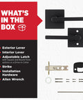 Non-locking interior passage lever provides secure, convenient access for closets and hallways, reversible for left or right doors, matte black finish with Microban protection, showing components and installation hardware.