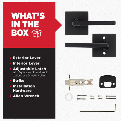 Non-locking interior passage lever provides secure, convenient access for closets and hallways, reversible for left or right doors, matte black finish with Microban protection, showing components and installation hardware.
