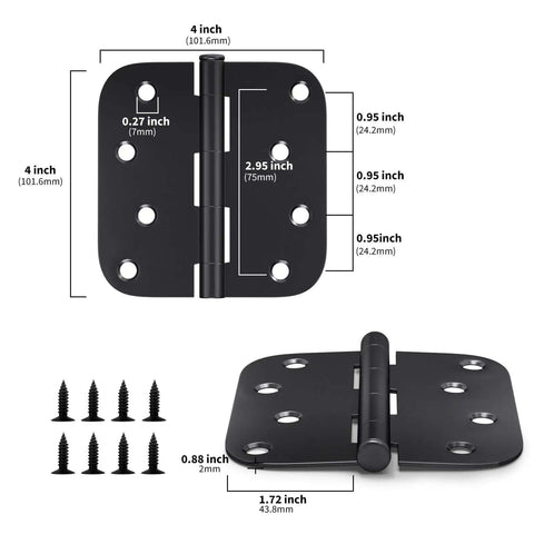 Dimensions and details of Sturdy Matte Black Iron Door Hinges Pack Of 3 For Interior And Exterior Doors 4 Inch By 4 Inch With Five Eighths Inch Radius Corners Heavy Duty Reversible Hinge Set With Screws Easy Install And Strong Hold
