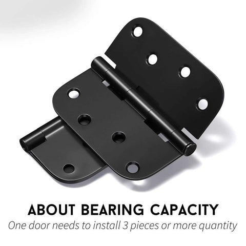 Close-up of a sturdy matte black iron door hinge with 5/8 inch radius corners. Sturdy Matte Black Iron Door Hinges Pack Of 3 For Interior And Exterior Doors.