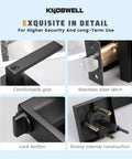 Close-up of matte black exterior door handle set with keyed entry lever showing details of grip, latch, button, and construction.