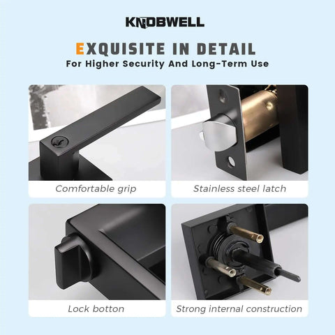 Close-up of matte black exterior door handle set with keyed entry lever showing details of grip, latch, button, and construction.