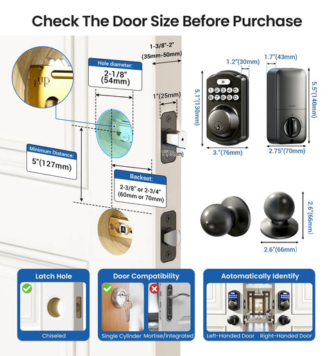 Keyless Entry Door Lock With Two Knobs And Electronic Backlit Keypad Deadbolt Auto Lock Up To 20 User Codes Smart Front Door Lock With Handle Set Easy To Install Matte Black Finish Enhanced Home Security For Exterior Doors dimensions and installation guide.
