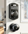 Keyless Entry Door Lock With Two Knobs And Electronic Backlit Keypad Deadbolt Auto Lock Up To 20 User Codes Smart Front Door Lock With Handle Set Easy To Install Matte Black Finish Enhanced Home Security For Exterior Doors on a white door.