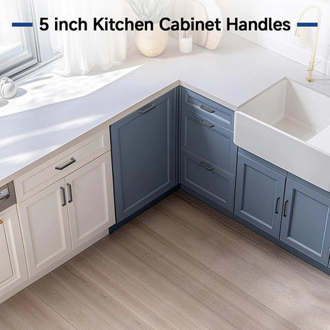 Ten Pack 5 Inch Matte Black Cabinet Handles Square Flat Modern Pulls installed on kitchen cabinets and drawers
