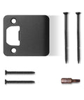 Extended Lip Strike Plate Two And A Half By Two And A Quarter Inch Heavy Duty Matte Black Door Latch Striker Kit with screws and bit