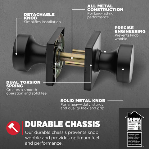 Non Locking Matte Black Interior Passage Door Knob With Microban Protection for Closet and Hallway Doors, durable construction, close-up view