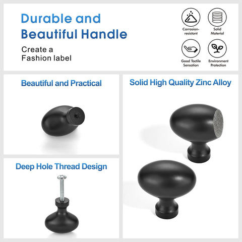 10 Pack Matte Black Oval Cabinet Knobs Single Hole Cabinet Pulls For Dresser And Kitchen Cabinets, side and threaded view