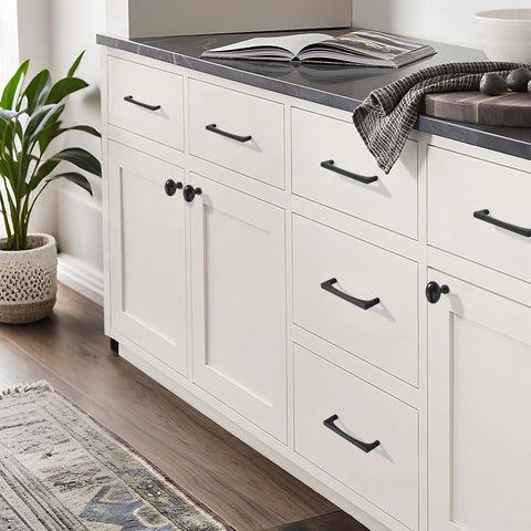 10 Pack Matte Black Oval Cabinet Knobs Single Hole Cabinet Pulls For Dresser And Kitchen Cabinets, installed on white kitchen cabinets