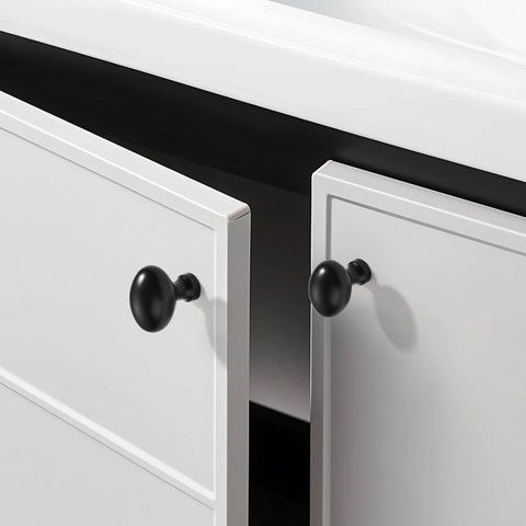 10 Pack Matte Black Oval Cabinet Knobs Single Hole Cabinet Pulls installed on white kitchen cabinets.