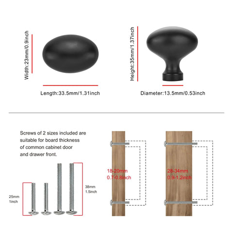 Dimensions and installation for 10 Pack Matte Black Oval Cabinet Knobs Single Hole Cabinet Pulls
