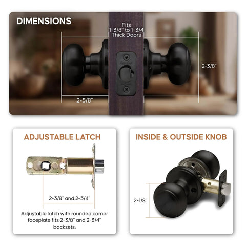 Matte Black interior passage door knob with ANSI Grade-3 certification, all-metal chassis, reversible for 1-3/4 inch doors