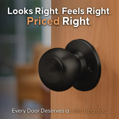 Matte Black interior passage door knob with ANSI Grade-3 certification installed on a wooden door, all-metal chassis, reversible for 1-3/4 inch doors.