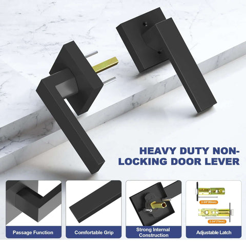 Matte Black Passage Door Lever Set Heavy Duty Square Interior Door Handles For Hallway And Closet Reversible Non Locking Levers Eight Pack
