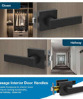 Matte Black Passage Door Lever Set Heavy Duty Square Interior Door Handles For Hallway And Closet Reversible Non Locking
