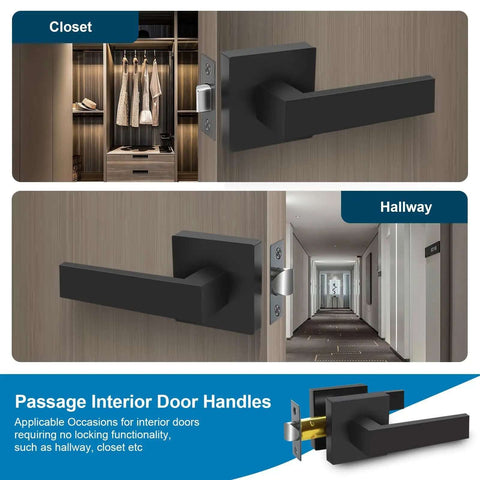 Matte Black Passage Door Lever Set Heavy Duty Square Interior Door Handles For Hallway And Closet Reversible Non Locking