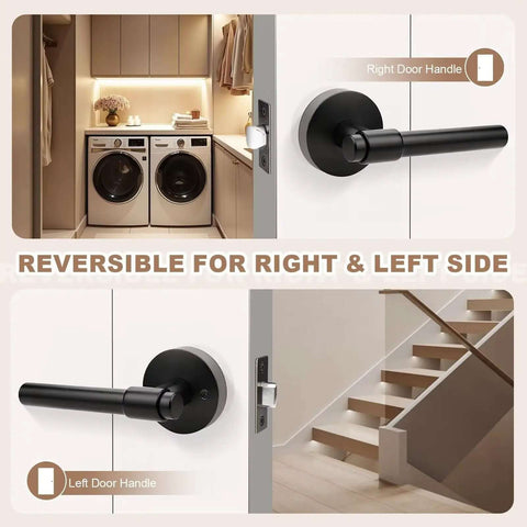 Black Passage Door Handles Three Pack Heavy Duty Reversible Non Locking Lever For Interior Doors Ideal For Hallways And Closets With Adjustable Latch And Smooth Operation Easy Install displayed on right and left side