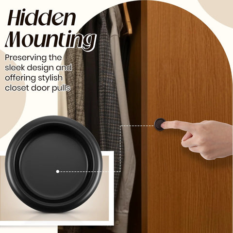 2-pack round recessed finger pull in matte black with snap-in installation shown on closet door displaying sleek design