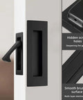 Pocket Door Handles And Edge Pulls In Matte Black Finish 6 Inch Long Flush Recessed Finger Pulls For Closet Sliding And Barn Doors Durable Stainless Steel Construction Rust Resistant Easy To Install, shown installed on a door with emphasis on hidden screw holes.