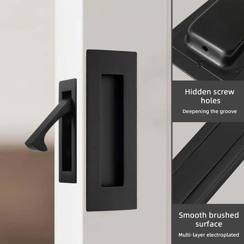 Pocket Door Handles And Edge Pulls In Matte Black Finish 6 Inch Long Flush Recessed Finger Pulls For Closet Sliding And Barn Doors Durable Stainless Steel Construction Rust Resistant Easy To Install, shown installed on a door with emphasis on hidden screw holes.