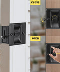 Pocket Door Lock With Privacy Latch In Matte Black Flush Mount Sliding Door Handle With Pull, shown in open and closed positions