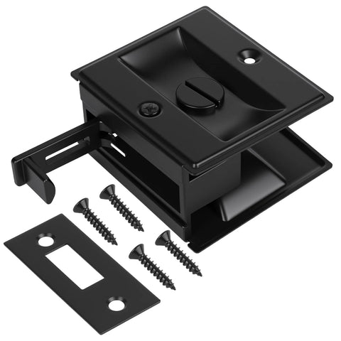 Pocket Door Lock With Privacy Latch In Matte Black Flush Mount Sliding Door Handle With Pull, Heavy Duty Stainless Steel Hardware For Bedroom And Bathroom, Fits Standard 1 3/8 Inch Doors, Reversible And Universal For Left Or Right Handed Doors