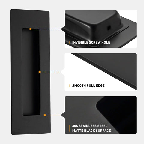 Matte Black Stainless Steel Pocket Door Pull And Edge Pull Set for recessed sliding doors detail view